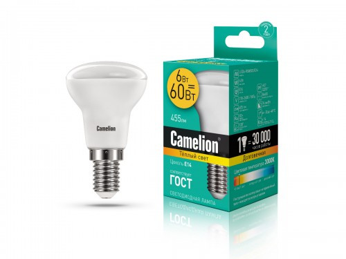 Лампа светодиодная SMD Camelion E14, 6W, 220V, R50, матовая пластиковая, 3000K