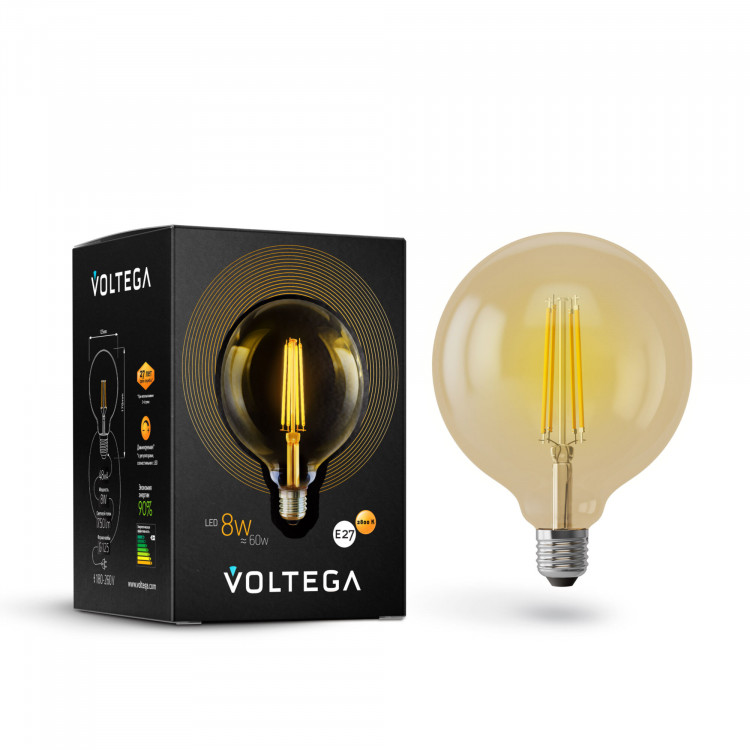 Лампа светодиодная диммируемая филамент Voltega Loft LED E27, 8W, 220V, G125, золотистаястеклянная, 2800K