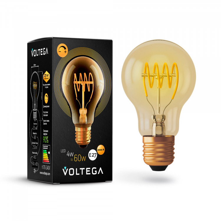 Лампа светодиодная диммируемая филамент Voltega Loft LED E27, 4W, 220V, A60, золотистаястеклянная, 2000K