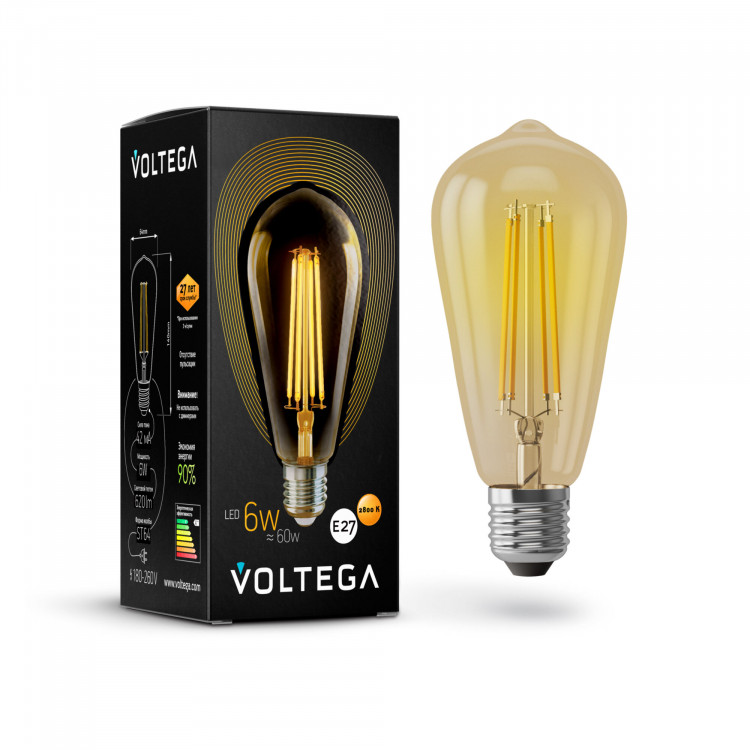 Лампа светодиодная филамент Voltega Loft LED E27, 6W, 220V, ST64, золотистаястеклянная, 2800K