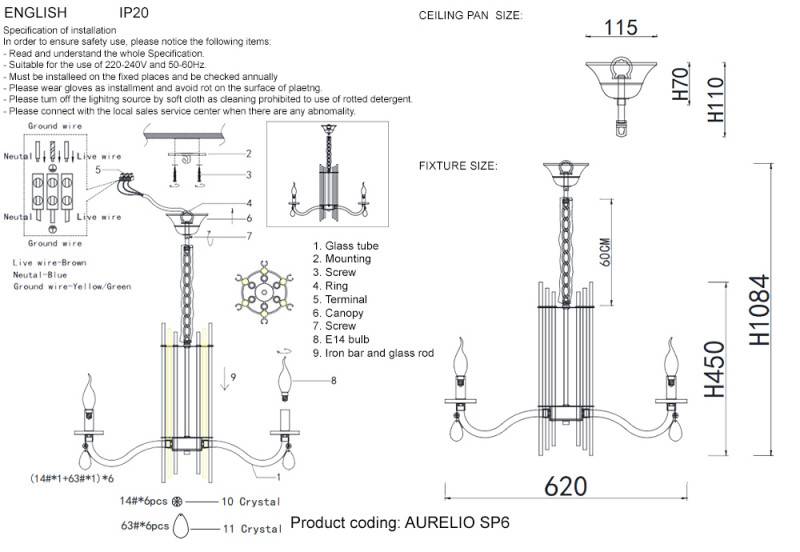 Подвесная люстра Crystal Lux AURELIO SP6 GOLD+CHROME/TRANSPARENT
