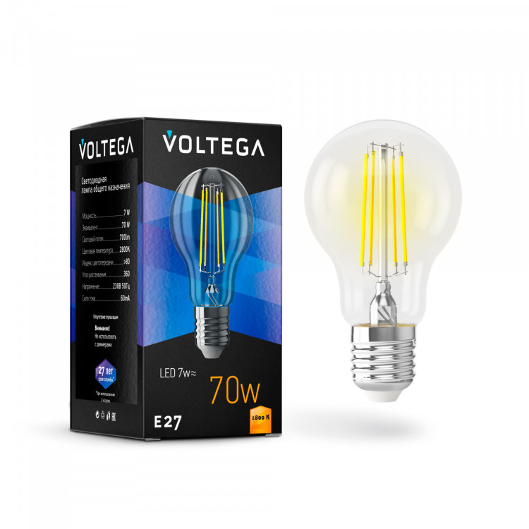 Лампа светодиодная филамент Voltega E27, 7W, 220V, A60, прозрачная стеклянная, 2800K