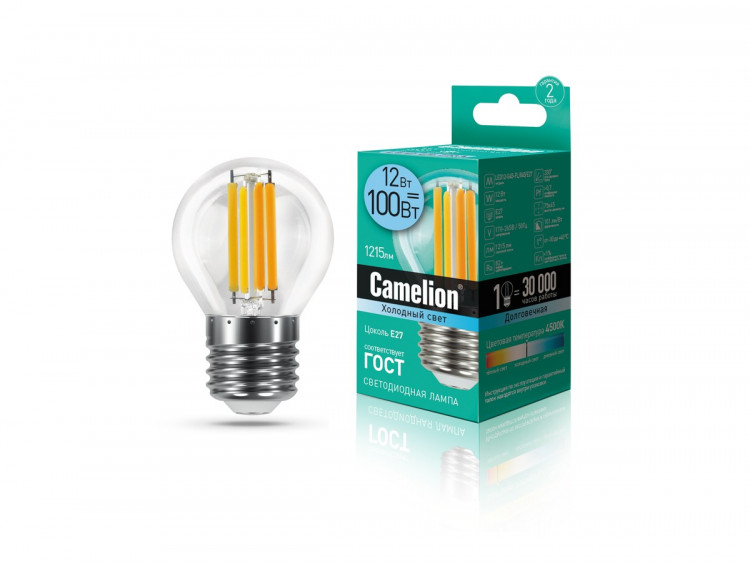 Лампа светодиодная филамент Camelion E27, 12W, 220V, G45 (Шарик), прозрачная стеклянная, 4500K