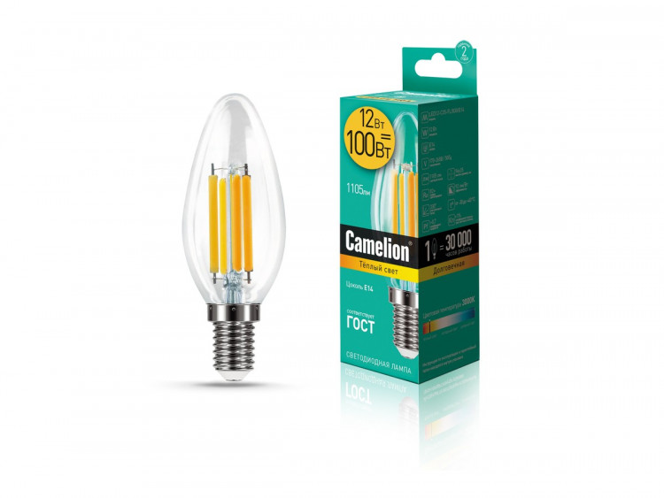 Лампа светодиодная филамент Camelion E14, 12W, 220V, C35 (Свеча), прозрачная стеклянная, 3000K