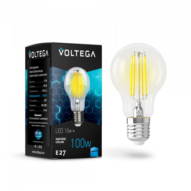 Лампа светодиодная филамент Voltega Graphene E27, 10W, 220V, A60, прозрачная стеклянная, 4000К
