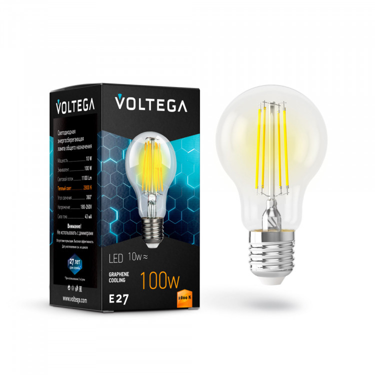 Лампа светодиодная филамент Voltega Graphene E27, 10W, 220V, A60, прозрачная стеклянная, 2800K