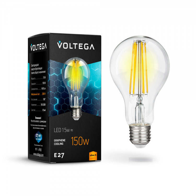 Лампа светодиодная филамент Voltega Graphene E27, 15W, 220V, A60, прозрачная стеклянная, 2800K