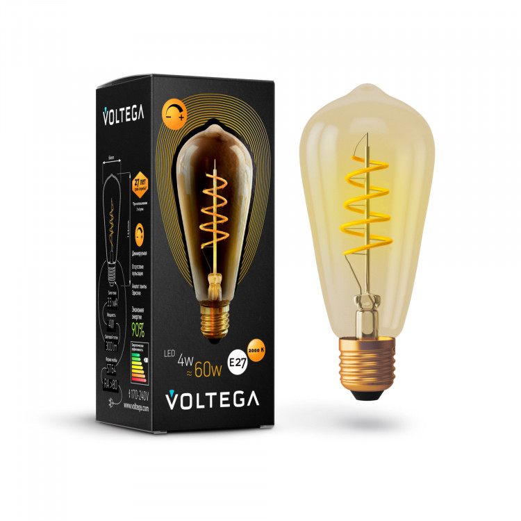 Лампа светодиодная диммируемая филамент Voltega Loft LED E27, 4W, 220V, ST64, золотистаястеклянная, 2000K