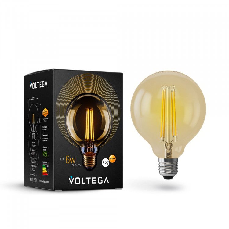 Лампа светодиодная филамент Voltega Loft LED E27, 6W, 220V, G95 (Большой Шар), золотистаястеклянная, 2800K