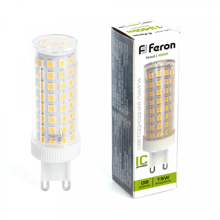 Лампа светодиодная SMD Feron G9, 15W, 220V, Цилиндр, прозрачная пластиковая, 4000К