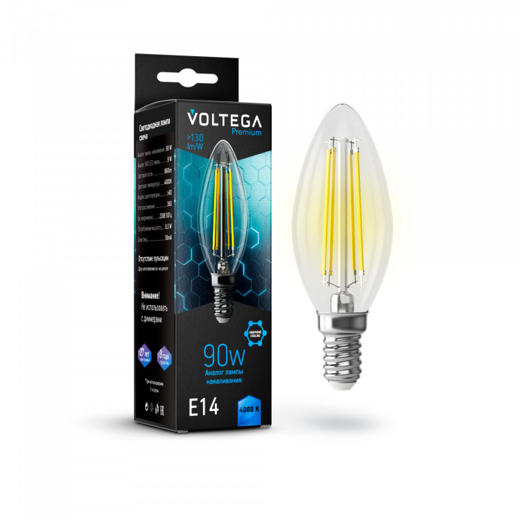 Лампа светодиодная филамент Voltega Graphene E14, 9W, 220V, C35 (Свеча), прозрачная стеклянная, 4000К