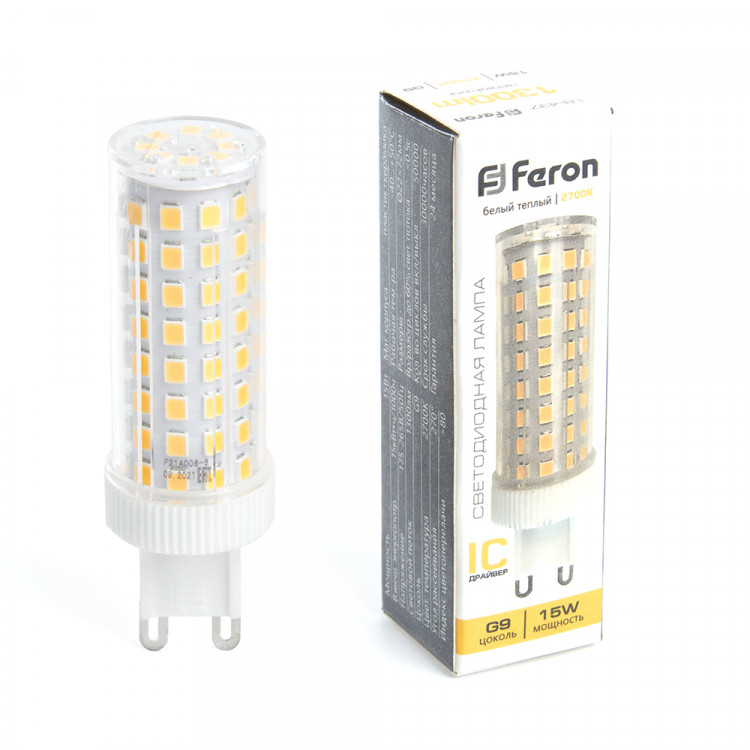 Лампа светодиодная SMD Feron G9, 15W, 220V, Цилиндр, прозрачная пластиковая, 2700К