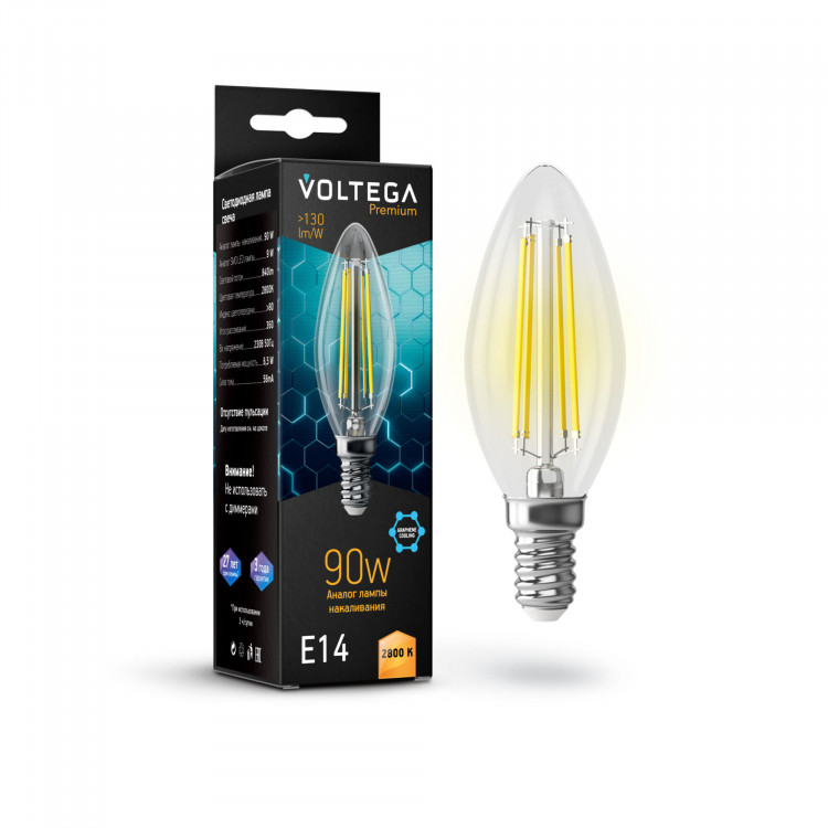 Лампа светодиодная филамент Voltega Graphene E14, 9W, 220V, C35 (Свеча), прозрачная стеклянная, 2800K