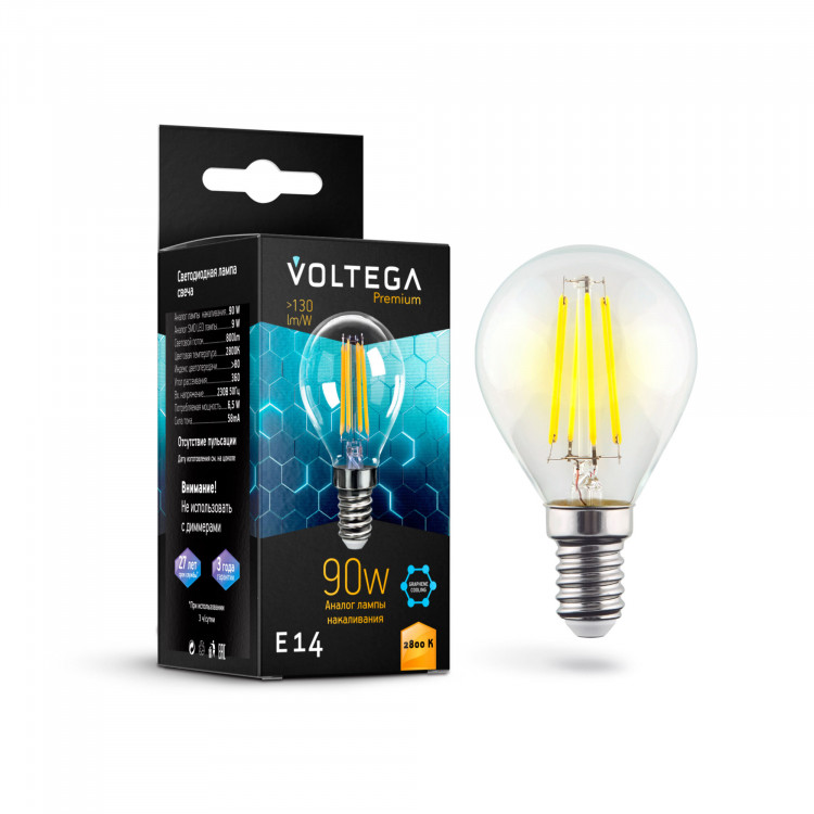 Лампа светодиодная филамент Voltega Graphene E14, 9W, 220V, G45 (Шарик), прозрачная стеклянная, 2800K