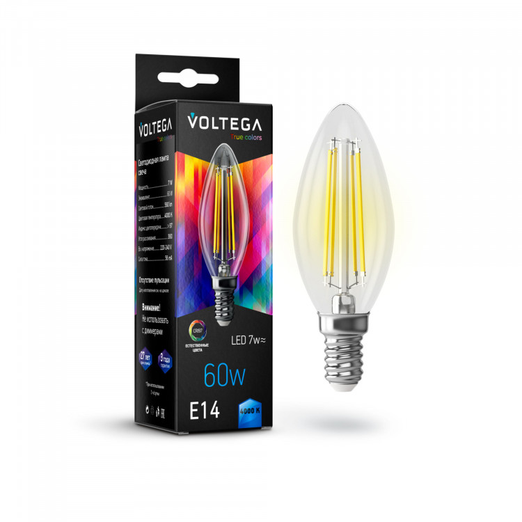 Лампа светодиодная филамент Voltega High CRI E14, 7W, 220V, C35 (Свеча), прозрачная стеклянная, 4000К