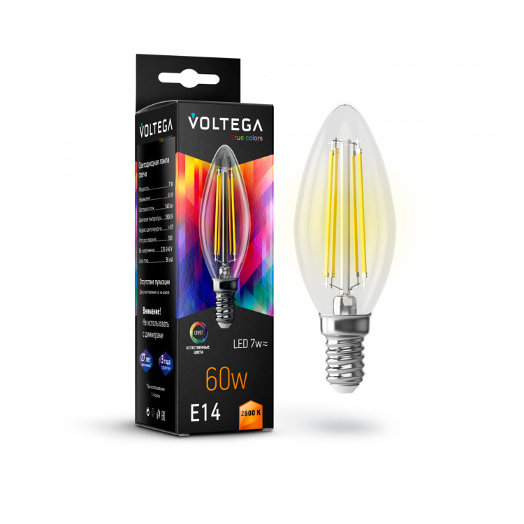 Лампа светодиодная филамент Voltega High CRI E14, 7W, 220V, C35 (Свеча), прозрачная стеклянная, 2800K