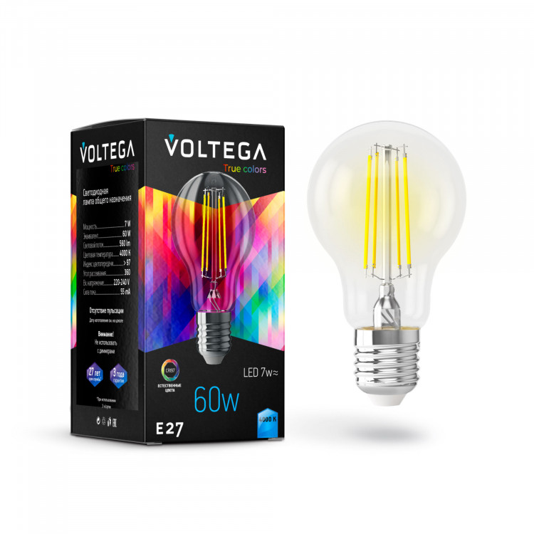 Лампа светодиодная филамент Voltega High CRI E27, 7W, 220V, A60, прозрачная стеклянная, 4000К