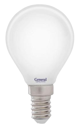 Лампа светодиодная филамент General E14, 8W, 220V, G45 (Шарик), матовая стеклянная, 2700К