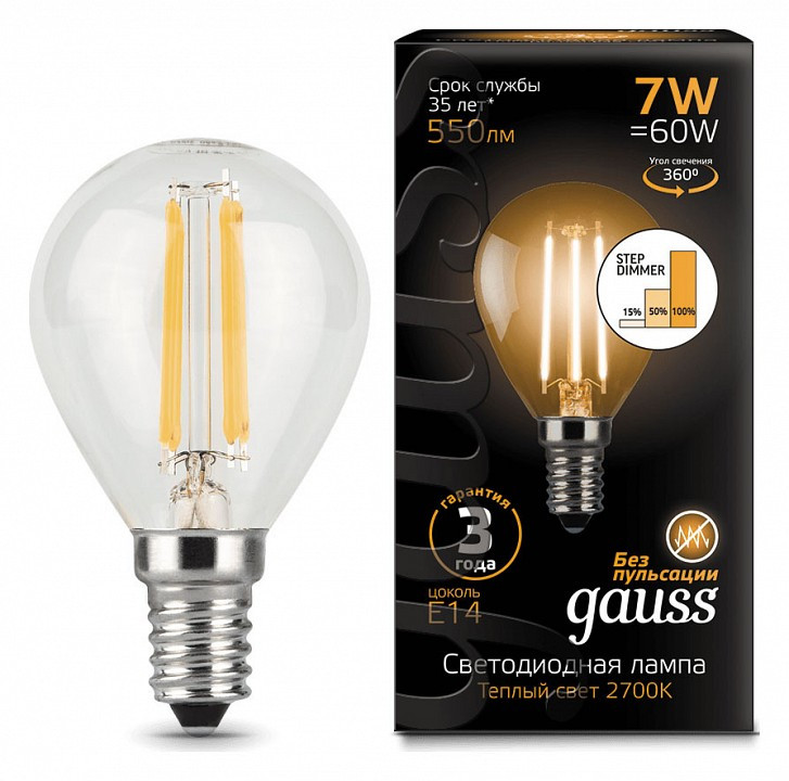 Лампа светодиодная Gauss LED Filament Globe E14 7Вт 2700K 105801107-S