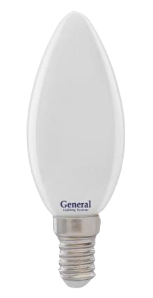 Лампа светодиодная филамент General E14, 8W, 220V, C35 (Свеча), матовая стеклянная, 2700К